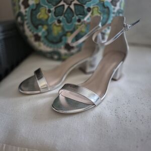 Silver Ankle-Strap Block Heel Sandals